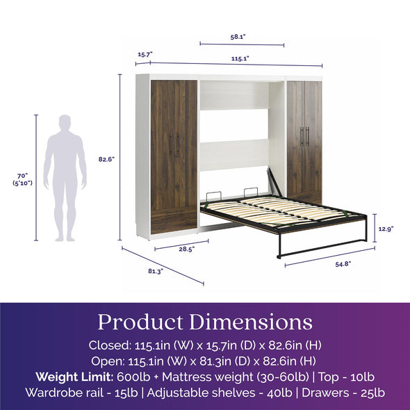 Pinnacle Full Wall Bed Bundle with 2 Wardrobe Side Cabinets  - Columbia Walnut - Full