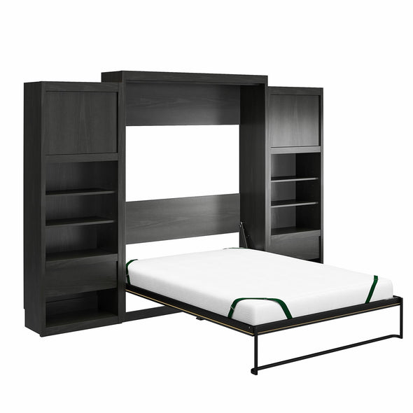 Paramount Queen Wall Bed Bundle with 2 Bedside Storage Cabinets & 8" Memory Foam Mattress - Black Oak - Queen