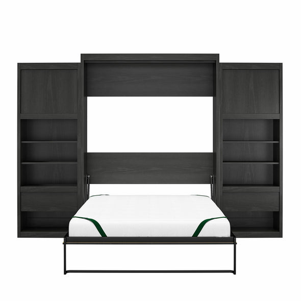 Paramount Queen Wall Bed Bundle with 2 Bedside Storage Cabinets & 8" Memory Foam Mattress - Black Oak - Queen