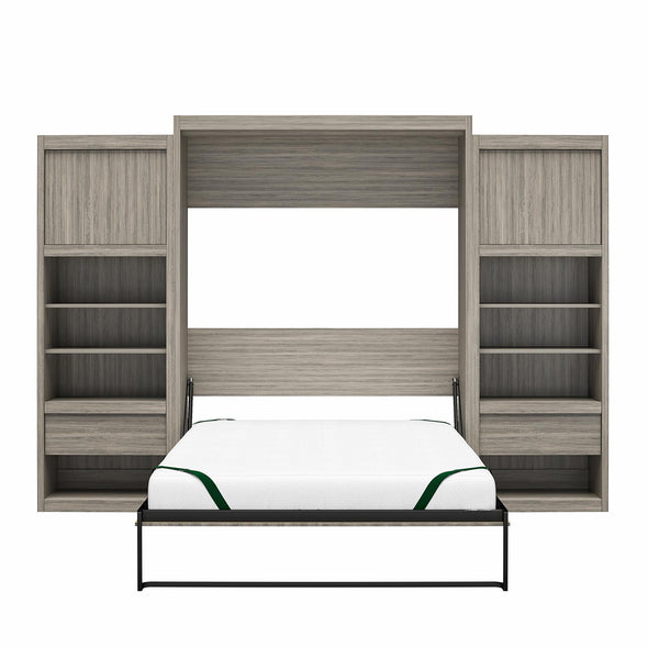 Paramount Queen Wall Bed Bundle with 2 Bedside Storage Cabinets & 8" Memory Foam Mattress - Gray Oak - Queen