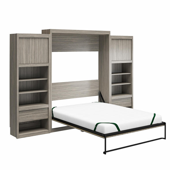 Paramount Queen Wall Bed Bundle with 2 Bedside Storage Cabinets & 8" Memory Foam Mattress - Gray Oak - Queen