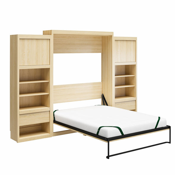 Paramount Queen Wall Bed Bundle with 2 Bedside Storage Cabinets & 8" Memory Foam Mattress - Light Oak - Queen