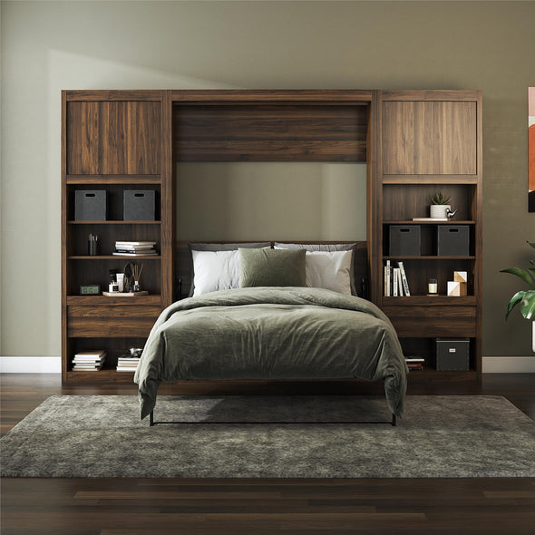 Paramount Full Wall Bed Bundle with 2 Bedside Bookcase Cabinets & Slide-Out Nightstands - Columbia Walnut