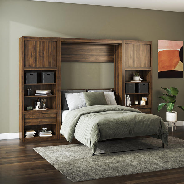 Paramount Full Wall Bed Bundle with 2 Bedside Bookcase Cabinets & Slide-Out Nightstands - Columbia Walnut