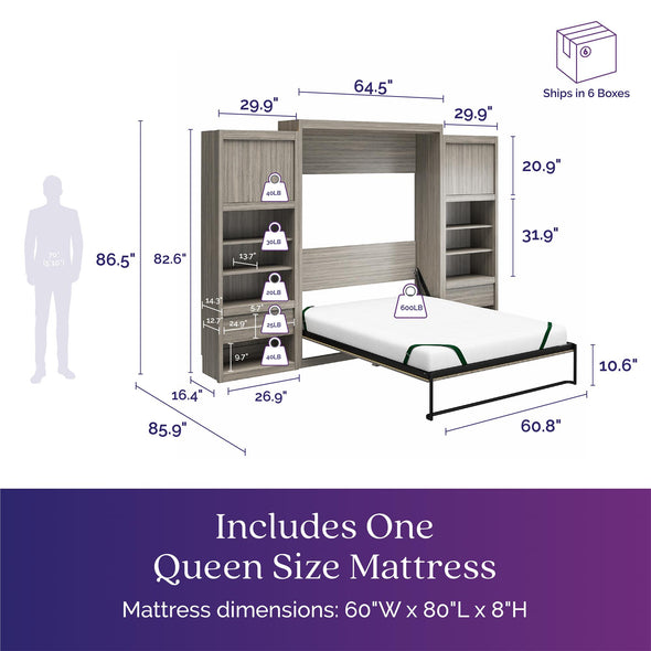 Paramount Queen Wall Bed Bundle with 2 Bedside Storage Cabinets & 8" Memory Foam Mattress - Gray Oak - Queen