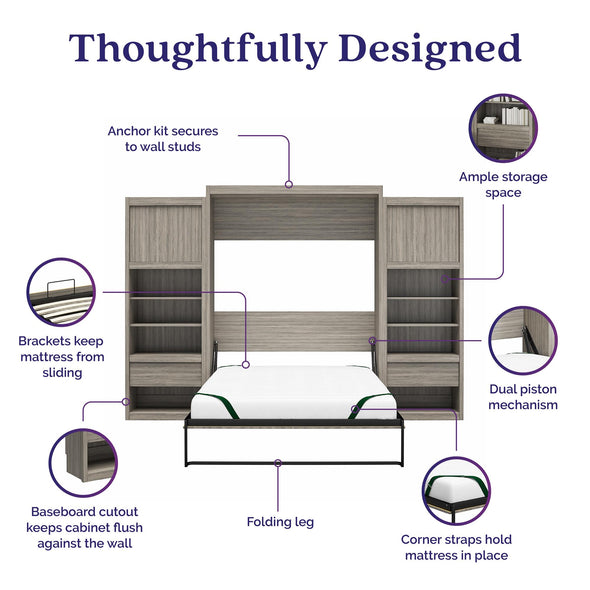 Paramount Queen Wall Bed Bundle with 2 Bedside Storage Cabinets & 8" Memory Foam Mattress - Gray Oak - Queen