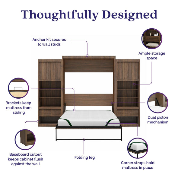 Paramount Queen Wall Bed Bundle with 2 Bedside Storage Cabinets & 8" Memory Foam Mattress - Columbia Walnut - Queen