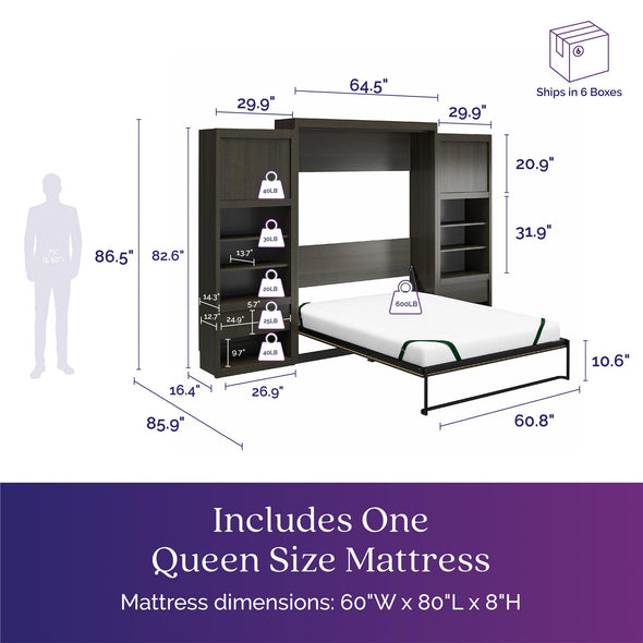 Paramount Queen Wall Bed Bundle with 2 Bedside Storage Cabinets & 8" Memory Foam Mattress - Espresso - Queen