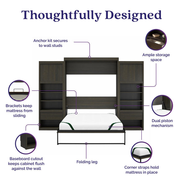 Paramount Queen Wall Bed Bundle with 2 Bedside Storage Cabinets & 8" Memory Foam Mattress - Espresso - Queen