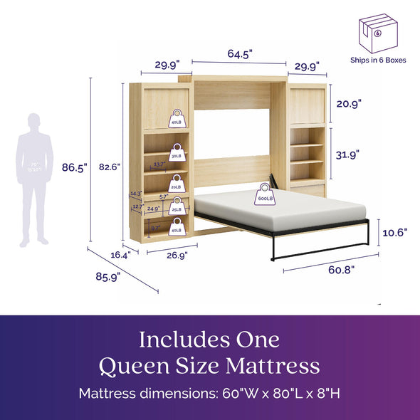 Paramount Queen Wall Bed Bundle with 2 Bedside Storage Cabinets & 8" Memory Foam Mattress - Light Oak - Queen