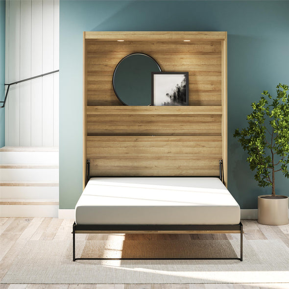 Impressions Full Wall Bed with Gallery Shelf & Touch Sensor LED Lighting - Natural