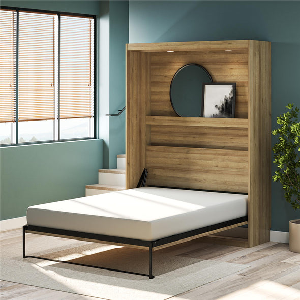 Impressions Full Wall Bed with Gallery Shelf & Touch Sensor LED Lighting - Natural