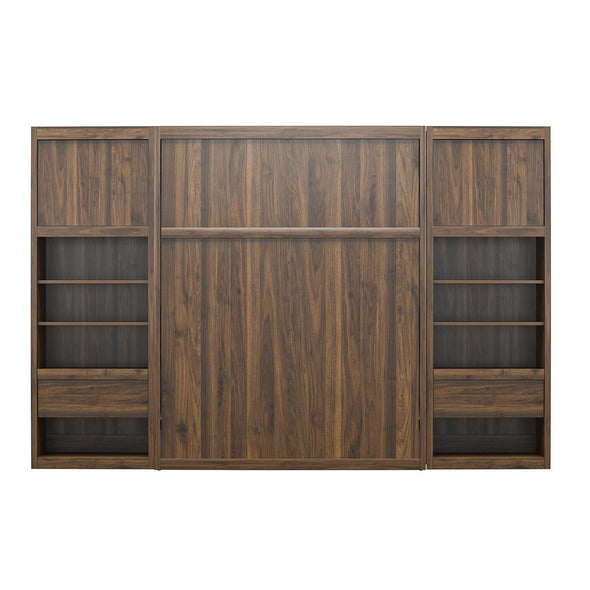 Paramount Full Murphy Bed Bundle with 2 Bedside Bookcase Cabinets & Slide-Out Nightstands - Columbia Walnut - Full