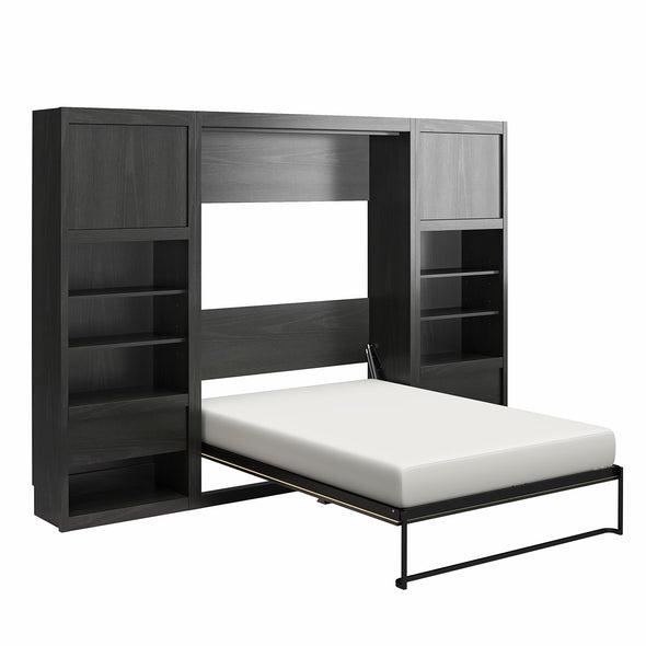 Paramount Full Murphy Bed Bundle with 2 Bedside Bookcase Cabinets & Slide-Out Nightstands - Black Oak - Full