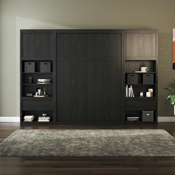 Paramount Full Murphy Bed Bundle with 2 Bedside Bookcase Cabinets & Slide-Out Nightstands - Black Oak - Full