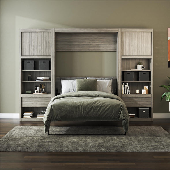 Paramount Full Murphy Bed Bundle with 2 Bedside Bookcase Cabinets & Slide-Out Nightstands - Gray Oak - Full