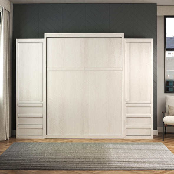 Signature Sleep Paramount Queen Murphy Bed Bundle with 2 Armoire Side Cabinets - Ivory Oak - Queen