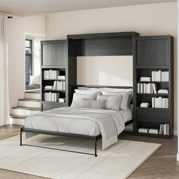 Signature Sleep Paramount Queen Murphy Bed Bundle, 2 Bedside Bookcase Cabinets & Slide-Out Nightstands - Black Oak - Queen