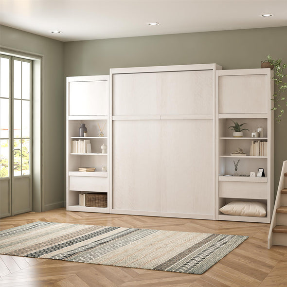 Signature Sleep Paramount Queen Murphy Bed Bundle, 2 Bedside Bookcase Cabinets & Slide-Out Nightstands - Ivory Oak - Queen