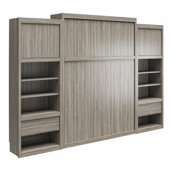 Signature Sleep Paramount Queen Murphy Bed Bundle, 2 Bedside Bookcase Cabinets & Slide-Out Nightstands - Gray Oak - Queen