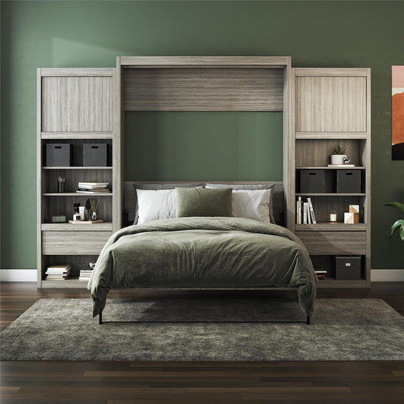 Signature Sleep Paramount Queen Murphy Bed Bundle, 2 Bedside Bookcase Cabinets & Slide-Out Nightstands - Gray Oak - Queen