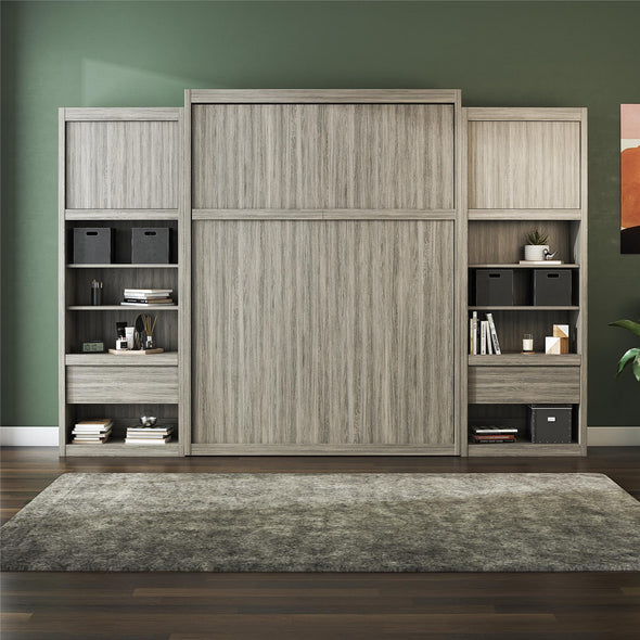 Signature Sleep Paramount Queen Murphy Bed Bundle, 2 Bedside Bookcase Cabinets & Slide-Out Nightstands - Gray Oak - Queen