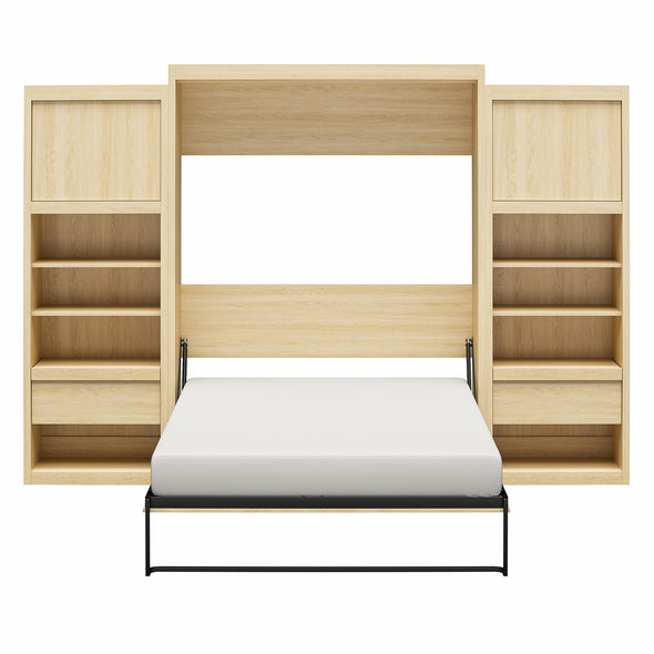 Signature Sleep Paramount Queen Murphy Bed Bundle, 2 Bedside Bookcase Cabinets & Slide-Out Nightstands - Monterey Oak - Queen