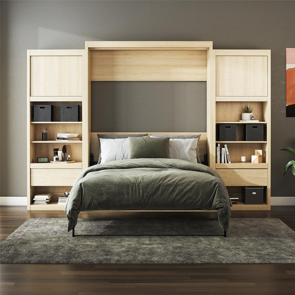 Signature Sleep Paramount Queen Murphy Bed Bundle, 2 Bedside Bookcase Cabinets & Slide-Out Nightstands - Monterey Oak - Queen