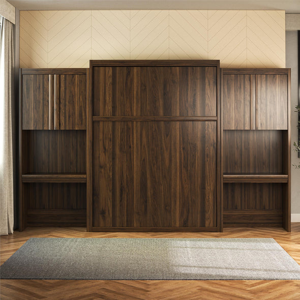 Signature Sleep Paramount Queen Murphy Bed Bundle with 2 Vanity/Desk Storage Cabinets with Drawers - Columbia Walnut - Queen