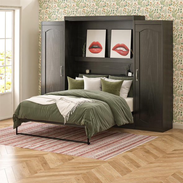 Novogratz Her Majesty Queen Murphy Bed Combo with 2 Storage Wardrobes - Black Oak - Queen